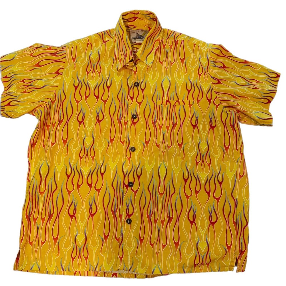 VTG 90s CRUIZIN Wear Flames All Over Print Button Up Sz 2XL Electric Grandpa‎